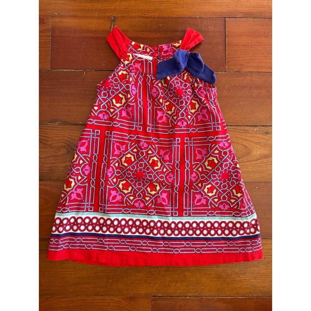 Bonnie Jean Girls Red Printed Cotton Dress w/ Navy Bow – Size 4